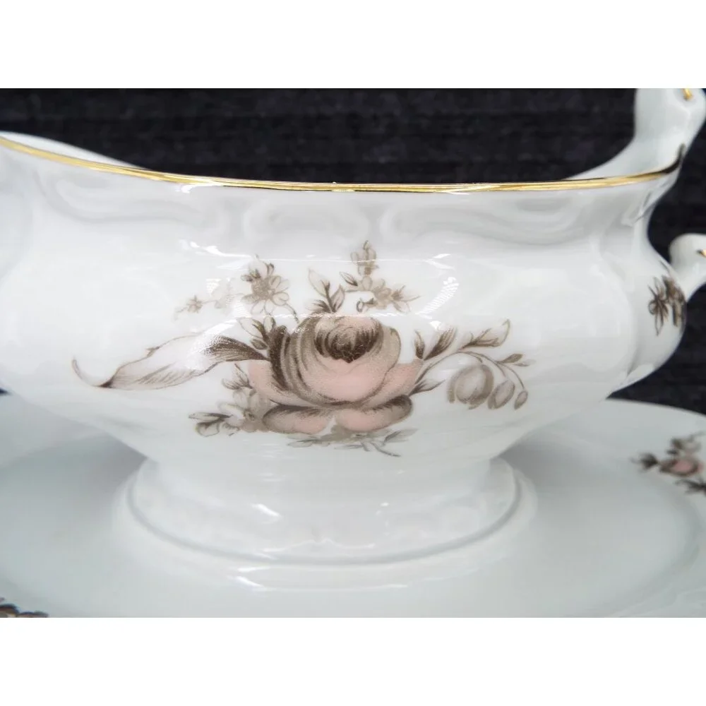 Johann Haviland Sepia Rose Gravy Boat Attached Underplate Bavaria Germany